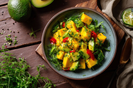 avocado and mango salad with chili lime dressing, vibrant and tropical, styled with scattered herbs   v 7, Generative AIの素材