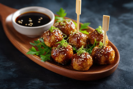 mini meatballs glazed with teriyaki sauce and sesame seeds, top down with wooden skewers and dipping sauce   v 7, Generative AIの素材