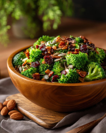 creamy broccoli salad with bacon, sunflower seeds and raisins, moody farmhouse lighting and wood table styling   v 7, Generative AIの素材