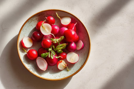 small plate of pickled red onions and radishes, shot with overhead natural light and soft shadows, minimalist composition   v 7, Generative AIの素材