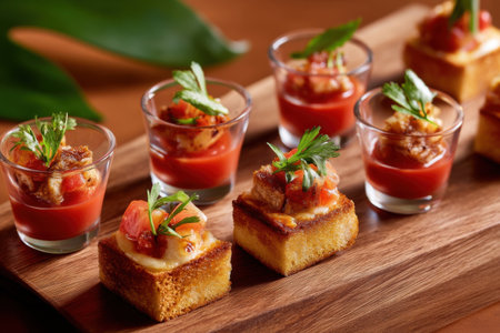 mini grilled cheese squares with tomato soup shots, fun and nostalgic presentation in warm tones   v 7, Generative AIの素材