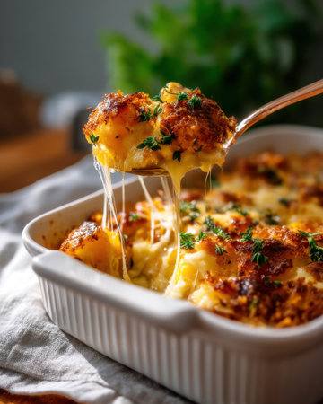 a spoon lifting a gooey bite of squash casserole with melted cheese strings, sunlight from left side, shallow depth of field   v 7, Generative AIの素材