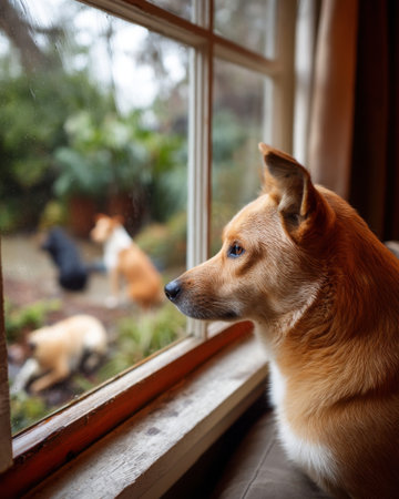 a dog watching from a window as other dogs play outside, rainy day light, isolation and longing   v 7, Generative AIの素材