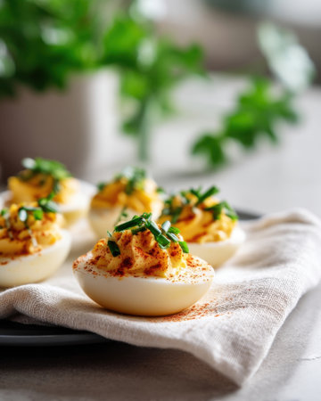 spicy deviled eggs topped with paprika and chives, shot close up on linen napkin, soft shadows and neutral tones   v 7, Generative AIの素材