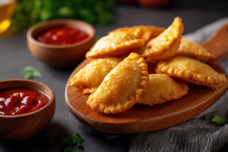 mini empanadas on a wooden board with dipping sauce in small bowls, rustic editorial tone   v 7, Generative AIの素材