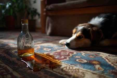 a bottle of alcohol spilled on a rug with a dog nearby sniffing the puddle, moody living room tone   v 7, Generative AIの素材