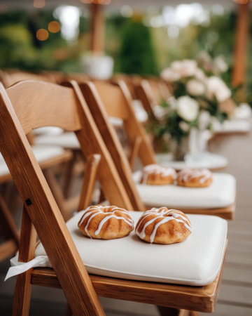 mini bundt cakes with white glaze, empty chairs blurred in background, soft solemn setting   v 7, Generative AIの素材