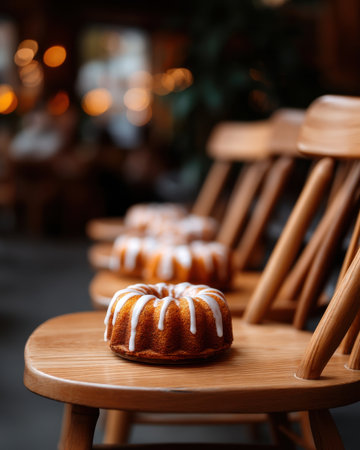 mini bundt cakes with white glaze, empty chairs blurred in background, soft solemn setting   v 7, Generative AIの素材