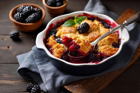 pan of blackberry cobbler with spoon resting in it, filling slightly overflowed, natural rustic styling   v 7, Generative AIの素材