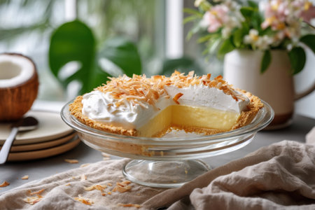 coconut cream pie on glass stand with slice missing, subdued color palette and natural soft light   v 7, Generative AIの素材