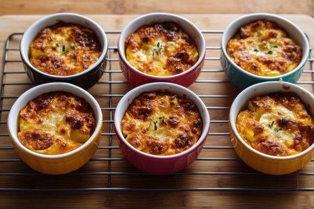 mini squash casserole in ramekins lined up on a cooling rack, farmhouse kitchen style, overhead view   v 7, Generative AIの素材