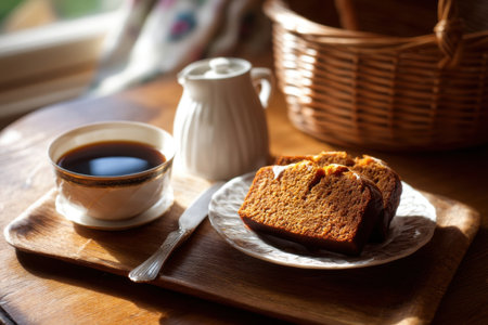 molasses cake sliced and served with small cups of coffee, warm indoor light and quiet companionship   v 7, Generative AIの素材