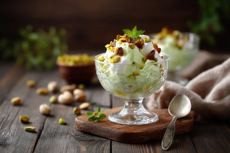 pistachio fluff salad in vintage glass bowl with serving spoon, old recipe comfort style   v 7, Generative AIの素材