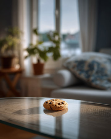 a lone cookie left on tray after gathering, blurred room behind, storytelling through emptiness   v 7, Generative AIの素材
