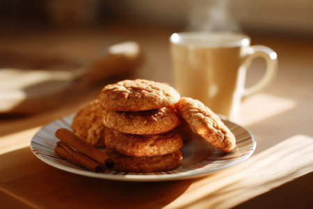 plate of snickerdoodle cookies with gentle steam from nearby coffee mug, warm soft shadows   v 7, Generative AIの素材