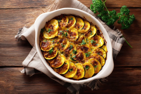 top down view of casserole with visible yellow squash layers and crispy topping, styled with parsley and rustic feel   v 7, Generative AIの素材