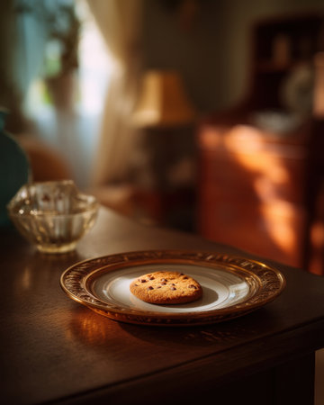 a lone cookie left on tray after gathering, blurred room behind, storytelling through emptiness   v 7, Generative AIの素材