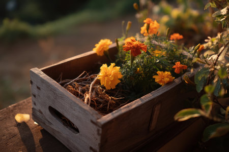 a rustic wooden crate filled with pulled weeds beside a bed of blooming marigolds, golden hour light   v 7, Generative AIの素材