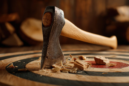 an axe embedded perfectly in the bullseye, wood splinters and target damage visible, editorial style shot   v 7, Generative AIの素材