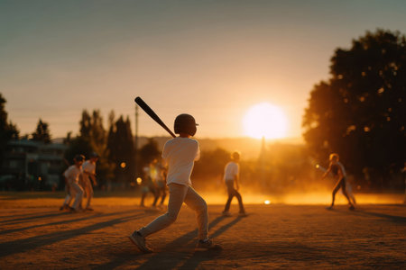 young player practicing swings in a quiet field, sunlit dust in background, moment of focus   v 7, Generative AIの素材