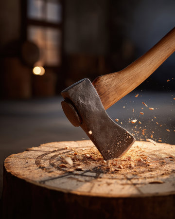an axe embedded in a wooden target with splinters flying, shot at the moment of impact, indoor axe range with moody lighting   v 7, Generative AIの素材