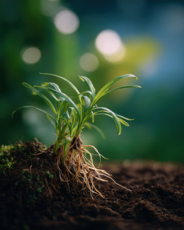 close up of green weed roots being gently lifted from moist soil, soft background bokeh and fine detail   v 7, Generative AIの素材