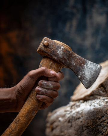 hands adjusting grip on axe handle with chalk on fingers, cropped tight for storytelling through texture   v 7, Generative AIの素材