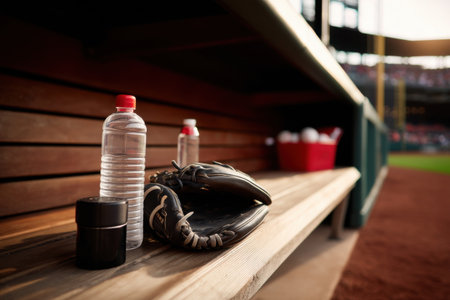 dugout bench with worn gloves and half drunk water bottles, ambient light and calm before the game   v 7, Generative AIの素材