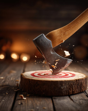 an axe embedded in a wooden target with splinters flying, shot at the moment of impact, indoor axe range with moody lighting   v 7, Generative AIの素材