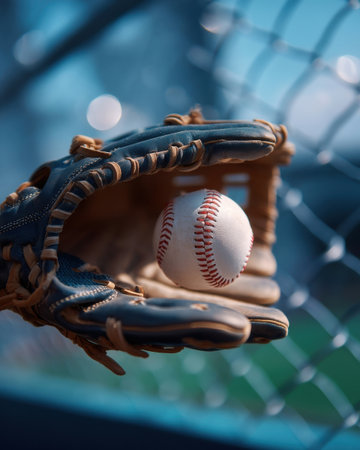close up of catcher's mitt receiving a fastball, blurred net in background, energy frozen in motion   v 7, Generative AIの素材
