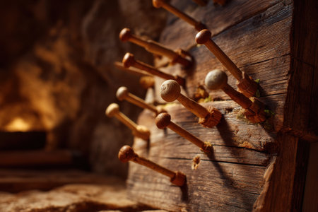 axes stuck at odd angles in a chewed up wooden wall, gritty competition setting with ambient warm tones   v 7, Generative AIの素材