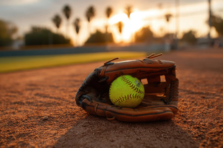 a softball glove resting on the infield dirt with a bright yellow ball inside, golden hour light casting long shadows   v 7, Generative AIの素材