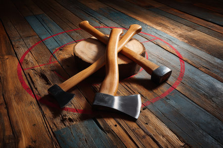 overhead shot of three axes lying on wooden floor beside chalk lines and scoring marks, rustic and cinematic composition   v 7, Generative AIの素材