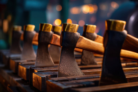 close up of axe blades lined up in metal holders, soft ambient light with bokeh in background, editorial equipment focus   v 7, Generative AIの素材