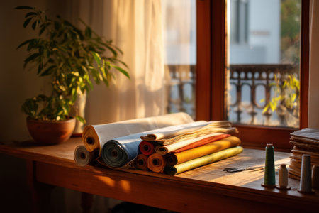 person rolling up finished fabric next to sewing machine, warm golden hour light from window   v 7, Generative AIの素材