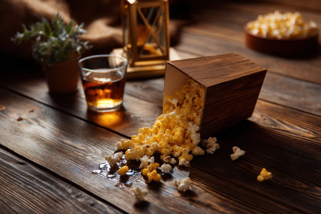 a remote dropped on the floor next to spilled popcorn and half finished drink, lazy movie night aftermath   v 7, Generative AIの素材