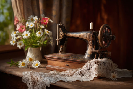 an old sewing machine with patina, surrounded by lace and floral fabric, nostalgia and memory tone   v 7, Generative AIの素材