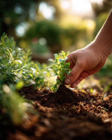 a hand pulling a weed from the soil in a backyard garden, dirt under fingernails, morning light creating soft shadows   v 7, Generative AIの素材