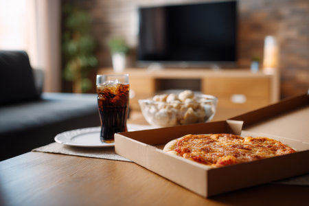 side view of a living room with open pizza box and soda on the table, blurred TV screen in background   v 7, Generative AIの素材