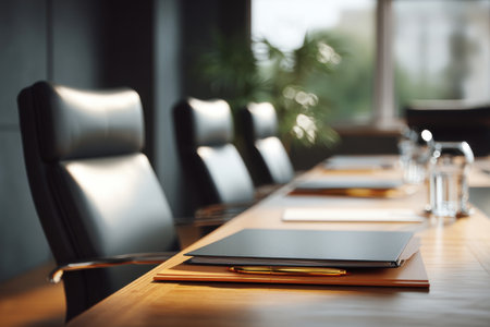 a table set for monthly HOA meeting with empty chairs and folders placed, soft light from above   v 7, Generative AIの素材