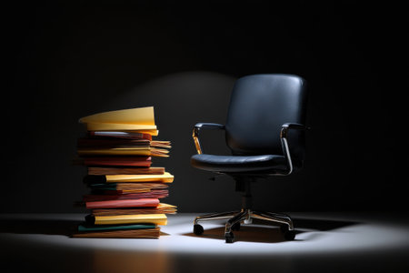 a lone office chair under spotlight with files stacked beside it, metaphor for being blamed in absence   v 7, Generative AIの素材