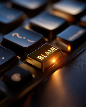a keyboard with one key replaced by "BLAME" in bold letters, macro shot with studio light   v 7, Generative AIの素材