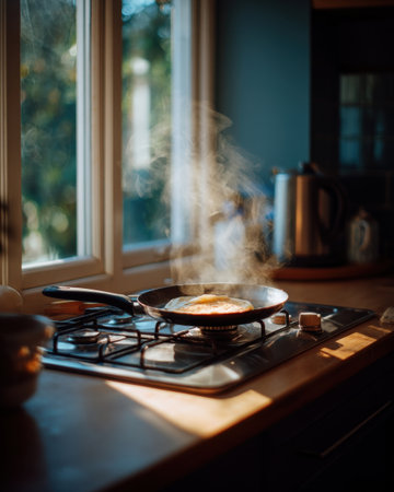 a kitchen scene with pancake batter dripping off the edge of the stove, steam rising in soft window light   v 7, Generative AIの素材