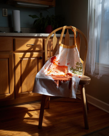 a child sized apron covered in tomato sauce stains hanging off a kitchen chair, soft side light and storytelling detail   v 7, Generative AIの素材