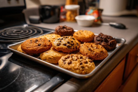 mismatched cookies on a tray, some burnt, some undercooked, resting on stovetop with kitchen chaos behind   v 7, Generative AIの素材