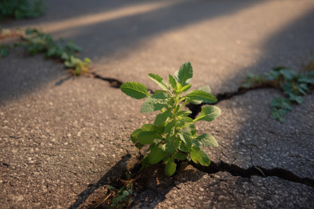 a single plant sprouting through cracked pavement, early morning light casting long shadow, concept of resilience   v 7, Generative AIの素材