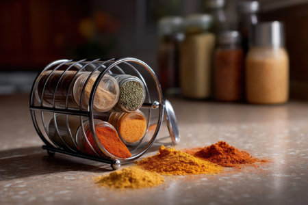a toppled spice rack on kitchen floor with colorful seasoning scattered, dramatic accidental vibe   v 7, Generative AIの素材