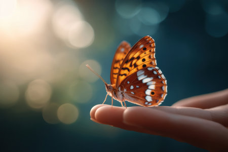 a butterfly perched on a fingertip with blurred background, soft glow and symbolic stillness   v 7, Generative AIの素材