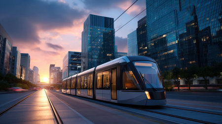 Electric tram moving through a futuristic urban landscape with energy efficient buildings, soft light reflecting off glass   v 7, Generative AIの素材