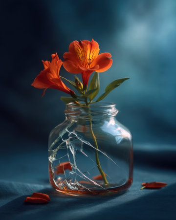 a flower blooming inside a cracked glass jar, fragile but alive, cinematic close up with rim light   v 7, Generative AIの素材